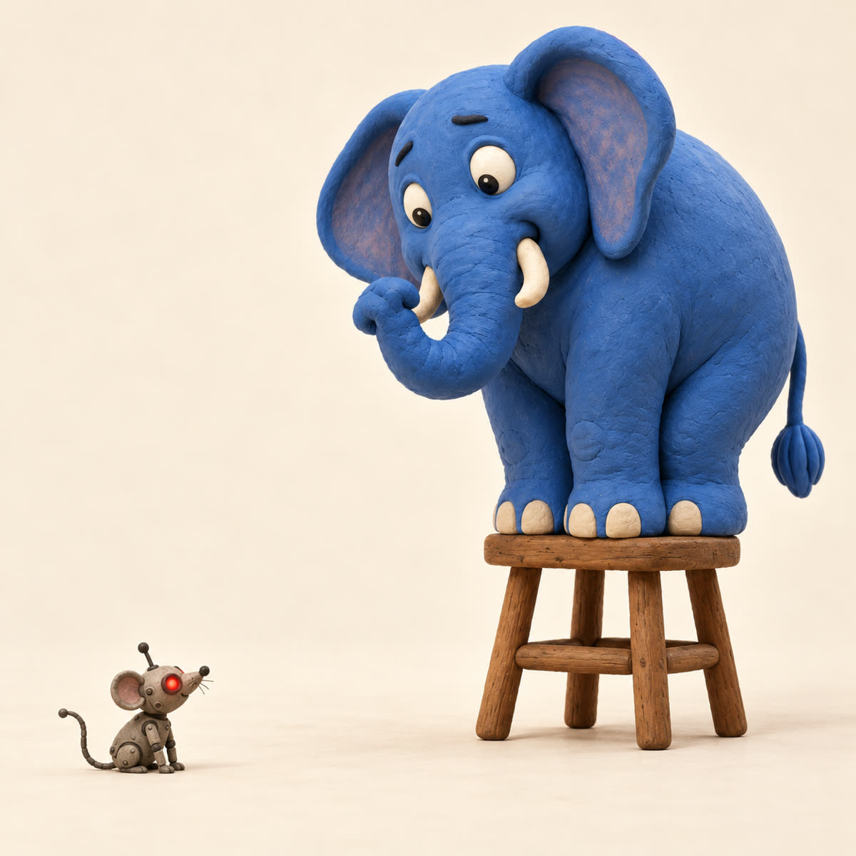 Plasticine blue elephant standing on a small wooden stool, looking down nervously at a tiny grey robotic mouse with one glowing red eye sitting calmly on the floor.