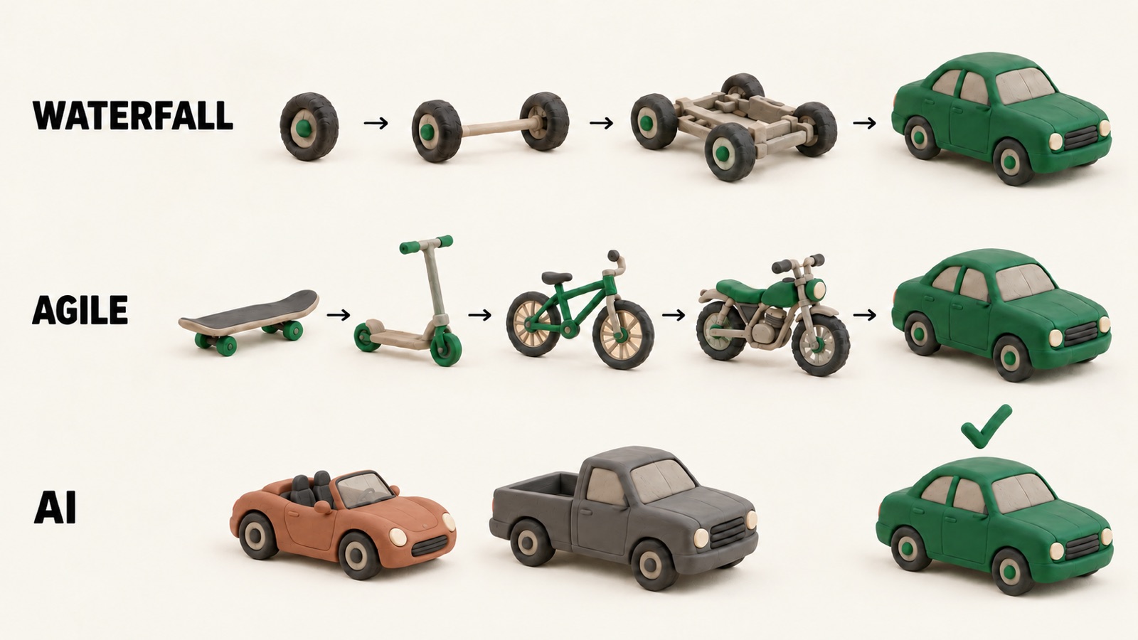 Three rows of plasticine vehicles on a light background. WATERFALL: a wheel, an axle, a chassis, then a green car. AGILE: a skateboard, a scooter, a bicycle, a motorbike, then the same green car. AI: three finished vehicles side by side, a terracotta convertible, a grey pickup and the green car, with a check mark above the green car.